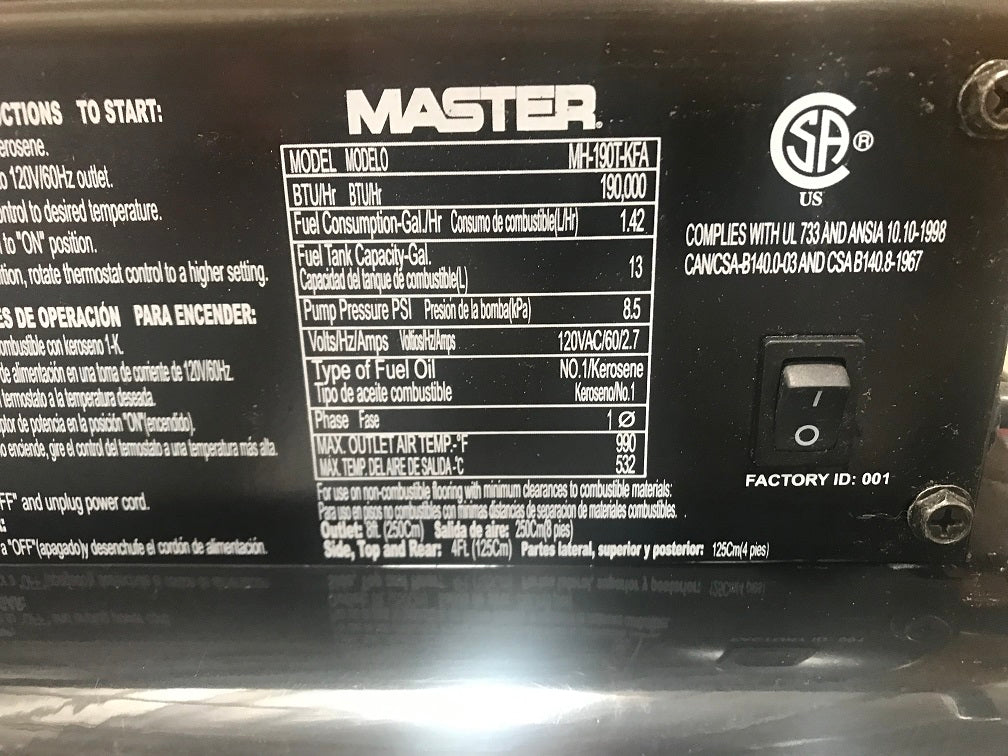 MASTER FORCED AIR HEATER MH-190T-KFA 190,000 BTU type of fuel NO.1/Kerosene FUEL TANK CAPACITY-GAL 13, NEW