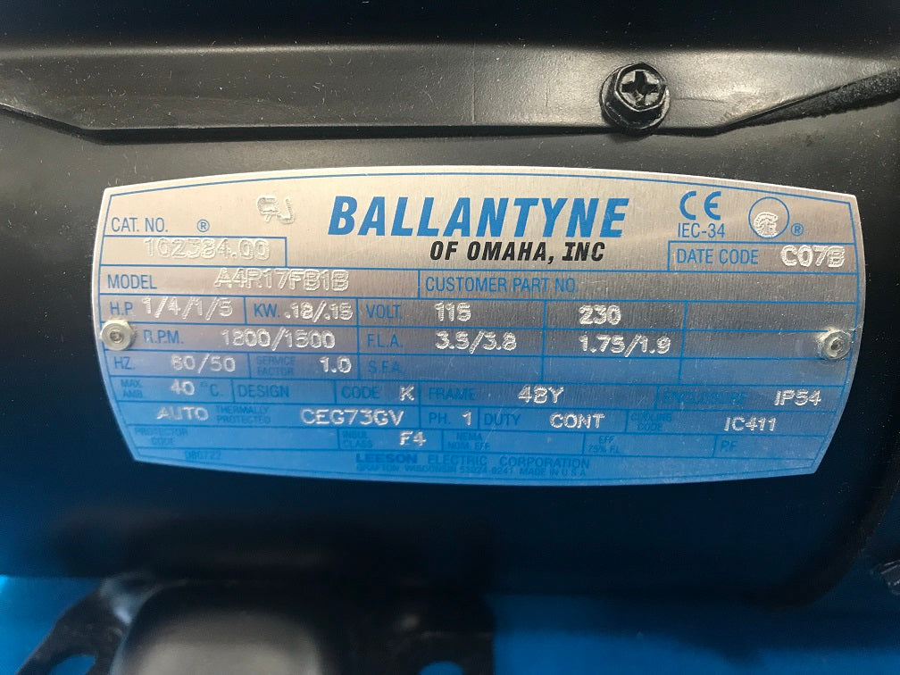 Ballantyne Motor Model no. A4R17FB1B Cat No. 102384.00 1500/1800RPM Thermally Protected