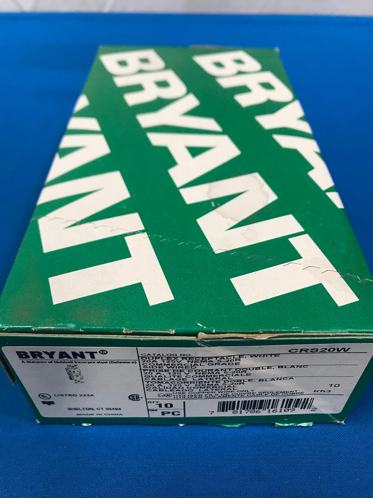 CRS20W BRYANT, Commercial grade duplex receptacle, 20A - 125V, White NEMA 5-20R side wired (Sold in lot of 10pcs)
