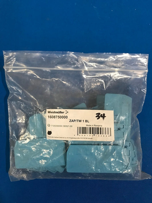 1608750000  Weidmuller ZAP/TW 1 BL   Connector end plate,Rail type for Z series blue. (Sold in lot of 34 pcs)