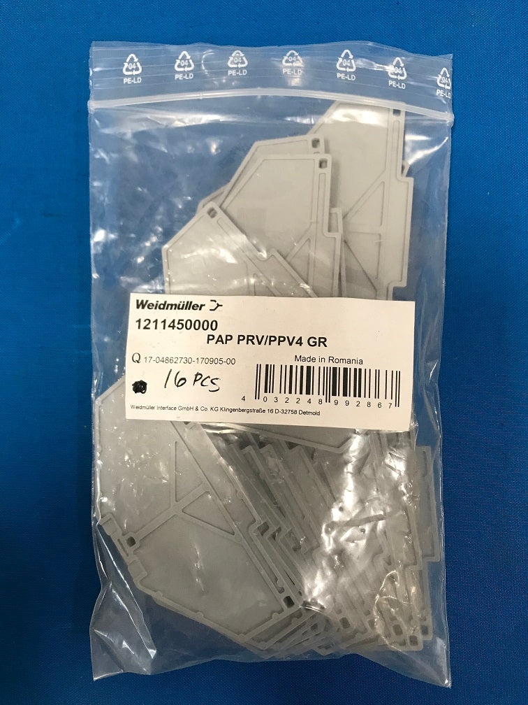 1211450000 Weidmuller  PAP PRV4 GR   Connector end plate, gray   (Sold in lot of 16pcs)