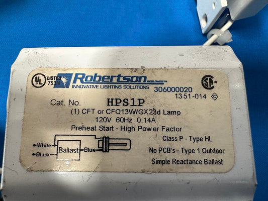 HPS1P Preheat Start-High Power Factor Class p Type 1 outdoor  (ROBERTSON) 120vAC 60hZ  0.14A   (1) CFT or cfq13w/gx23d Lamp