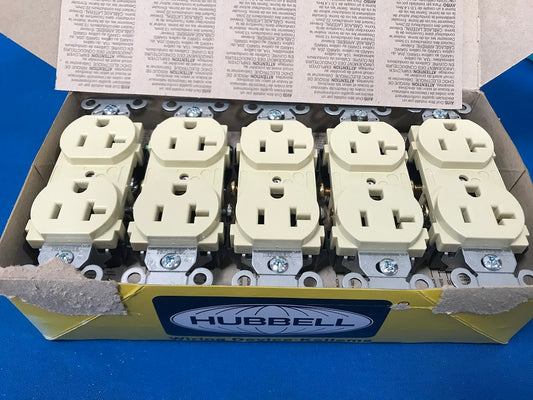 6A671HUBBELL  Receptacle: Duplex, 5-20R  20A   125VAC, Ivory 2 Poles Screw Terminals, std Resist  5-20  20A  (Sold 1 box which contains  10pcs)