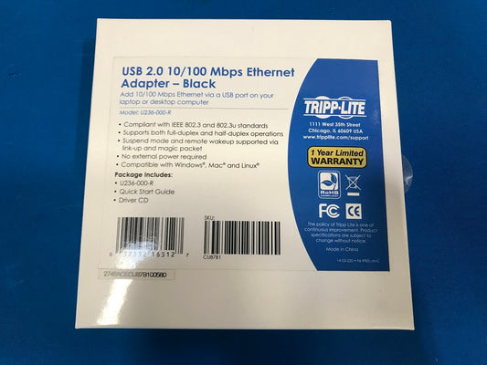 USB 2.0 10/100 Mbps Ethernet Adapter-black  TRIPP-LITE, add 10/100Mbps ethernet via a USB port on your laptop or desktop computer.