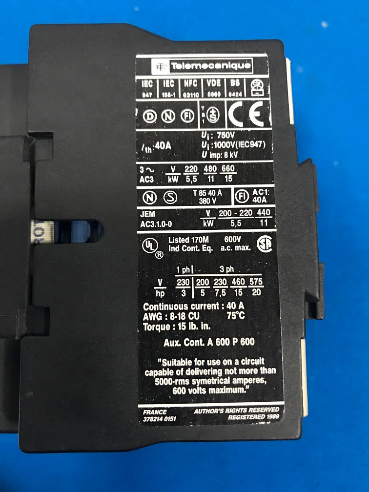 LC1D2510 Telemecanique, contactor, Coil voltage 208vac 60hz Continous current 40A