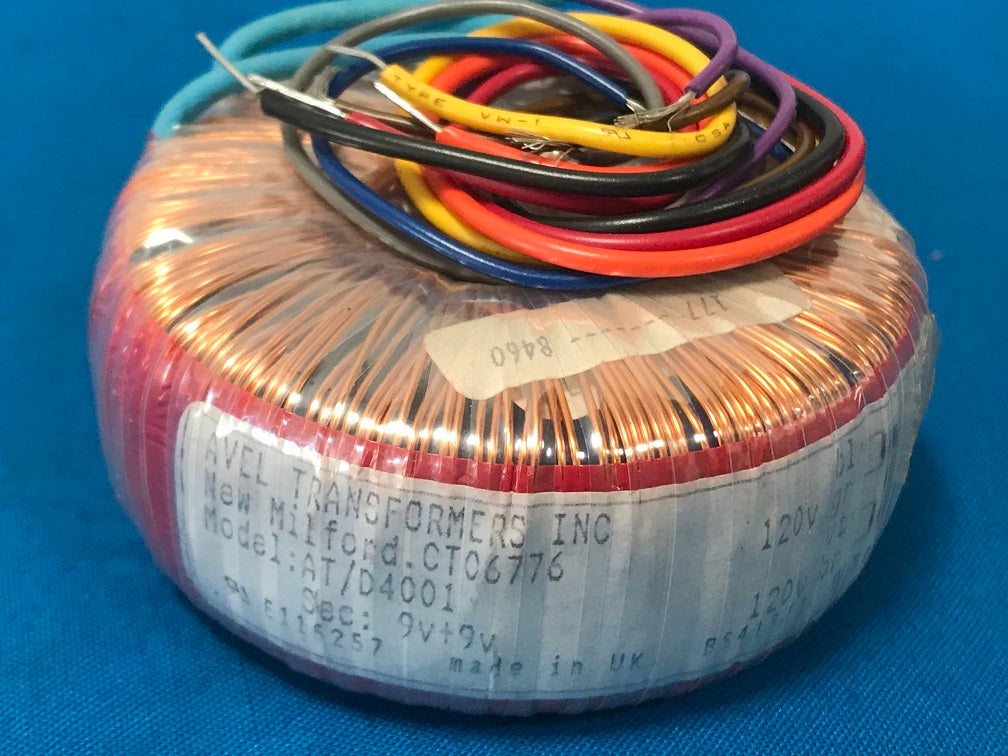 AVEL Transformers Inc. New Milford. CT06776  Model: AT/D4001   Sec. 9V + 9V Toroidal Transformer. 