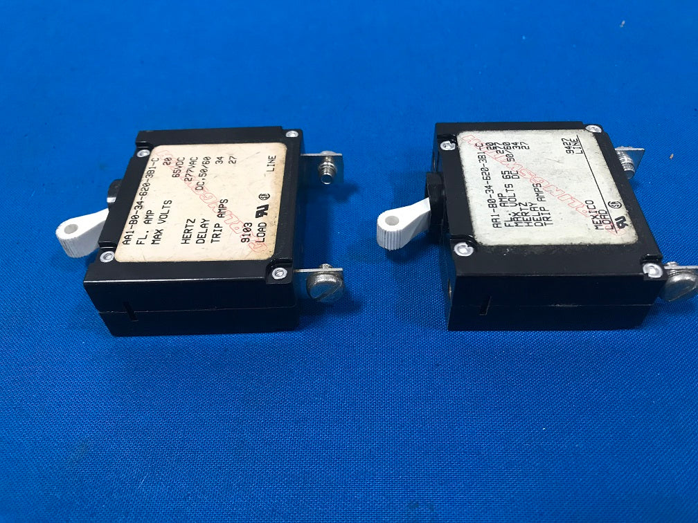 AA1-B0-34-620-381-C,  Carlingswitch,inc.  20Amp Circuit breaker magnetic (hydraulic delay) 20A 277V (sold in lot of 2 pcs)