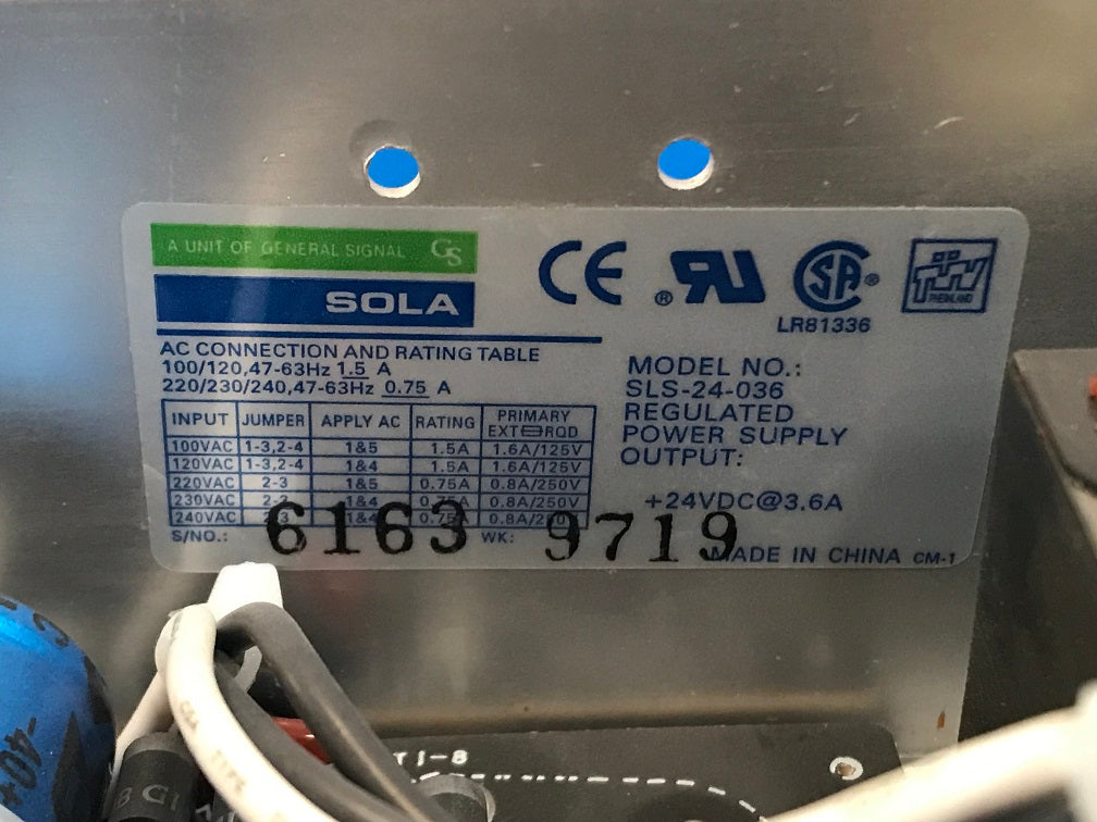 SLS-24-036  SOLA, Regulated Power supply output,  +24vdc @3.6 A