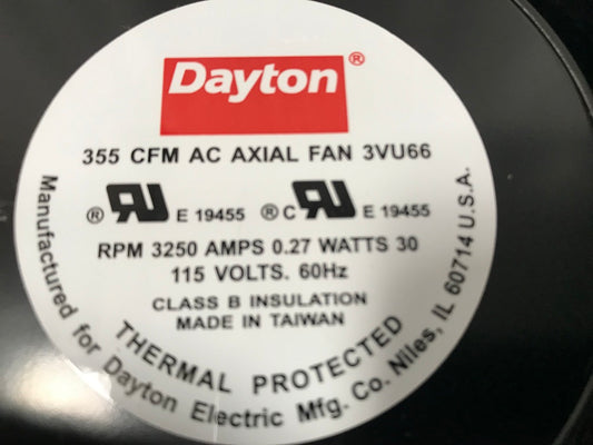 3VU66 DAYTON, 115vac - 60Hz,  355Cfm AC Axial Fan,   3250 rpm, Free ground shipping.