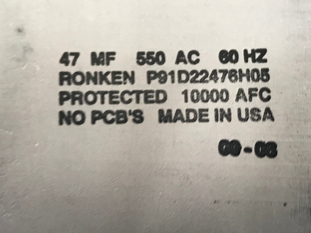 RONKEN P91D22476H05, Motor Start Capacitor, 47mfd, 550vac, 60hz,