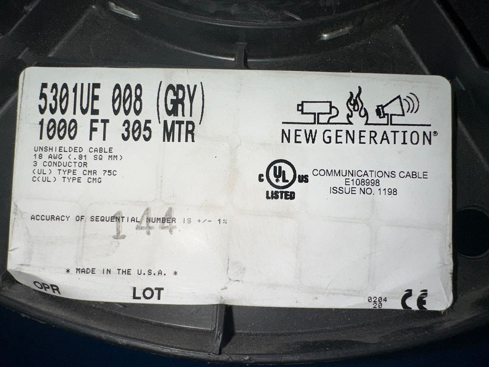 5301UE 008 (GRY) 495'Feet 3 Conductor (red,white,and black) Unshielded cable ul type cmr 75cc  ul type cmg.  NEW GENERATION CABLE, Used for Communication,Audio,Video.